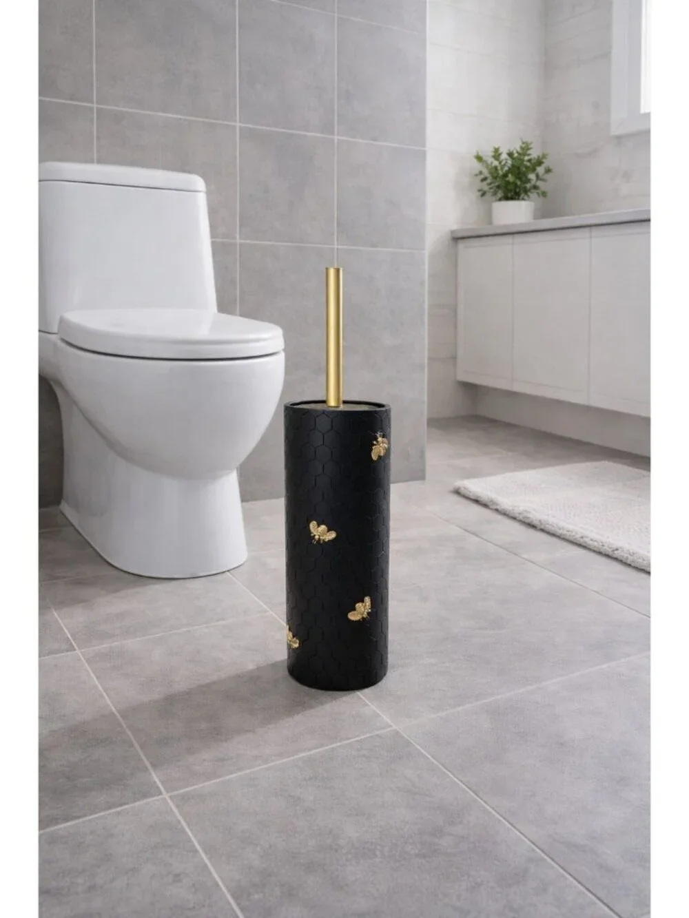 New Black / Gold Bumble Bee Honey Comb Bathroom Brush and Holder Set